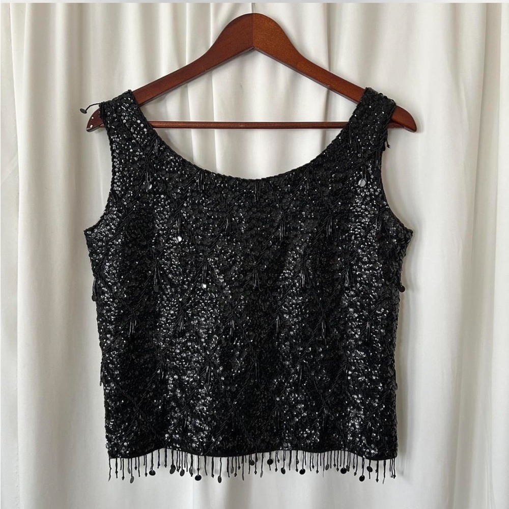 Vintage 1960s Black sequin tank top with beaded fringe glam 100% Wool Medium.